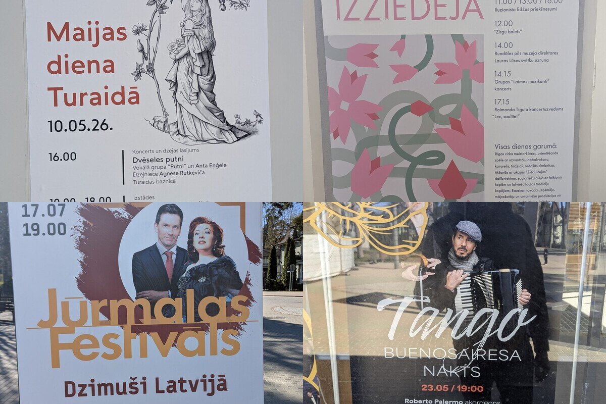Quatre affiches d'événements repérées en Lettonie au printemps 2026 — Journée de Maija à Turaida, Fête des Jardins de Rundāle, Nuit Tango de Buenos Aires et Festival de Jūrmala.