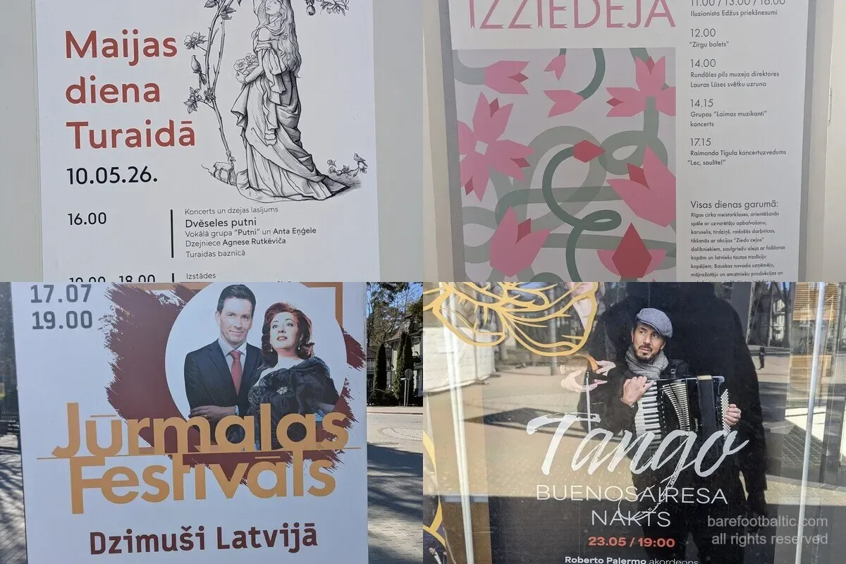 Quatre affiches d'événements repérées en Lettonie au printemps 2026 — Journée de Maija à Turaida, Fête des Jardins de Rundāle, Nuit Tango de Buenos Aires et Festival de Jūrmala.