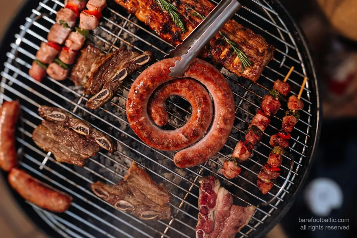 Plateau de grillades letton — saucisse en spirale, travers de porc, côtes de bœuf et brochettes sur charbon de bois.