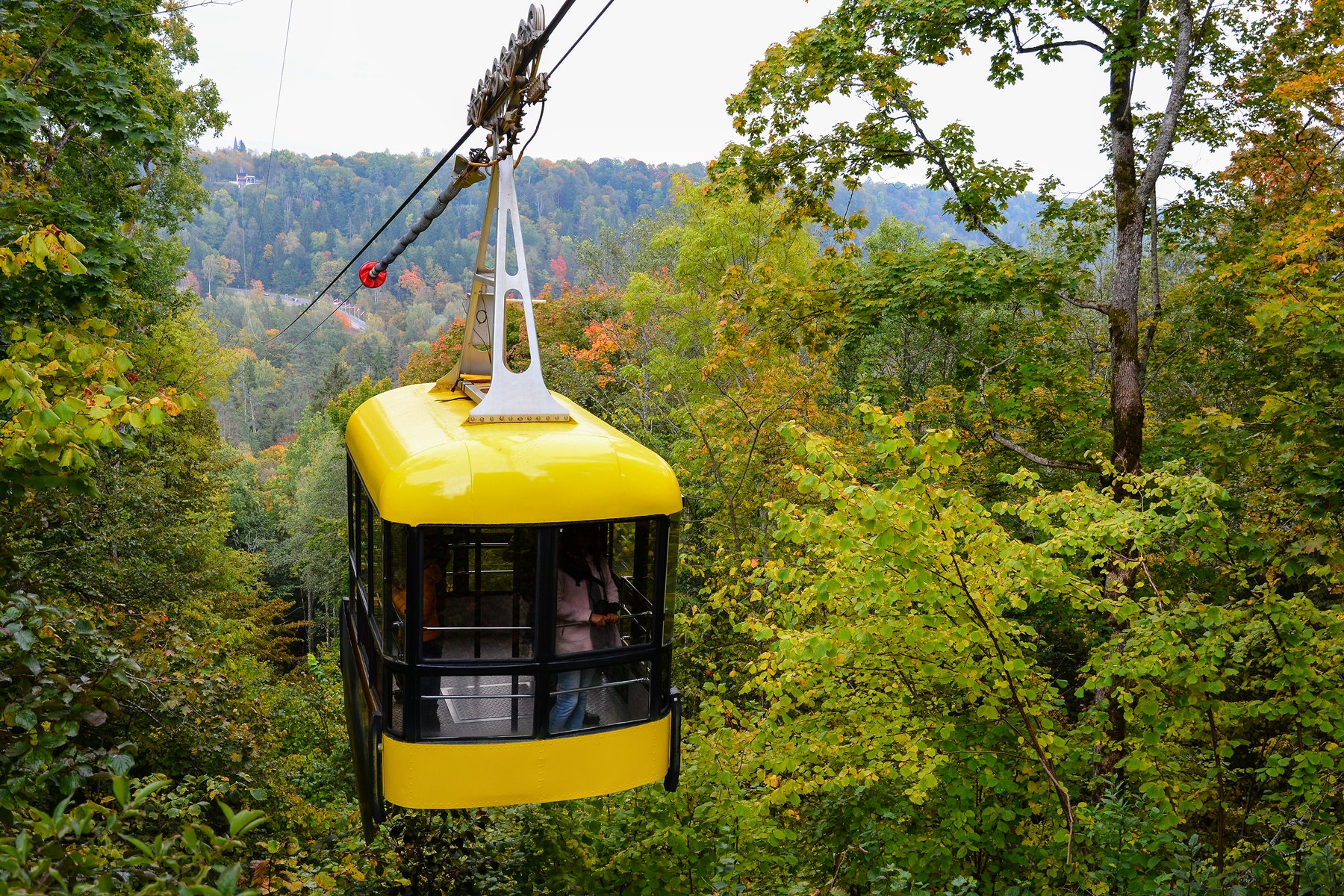 Le téléphérique jaune de Sigulda traversant les falaises de la vallée de la Gauja