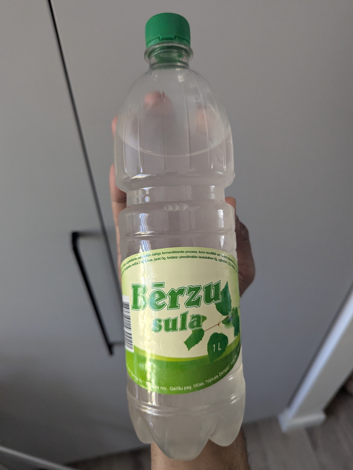 Une bouteille PET d&rsquo;un litre de Bērzu sula (sève de bouleau lettone) avec une étiquette à motif de feuilles vertes, tenue contre un mur de cuisine