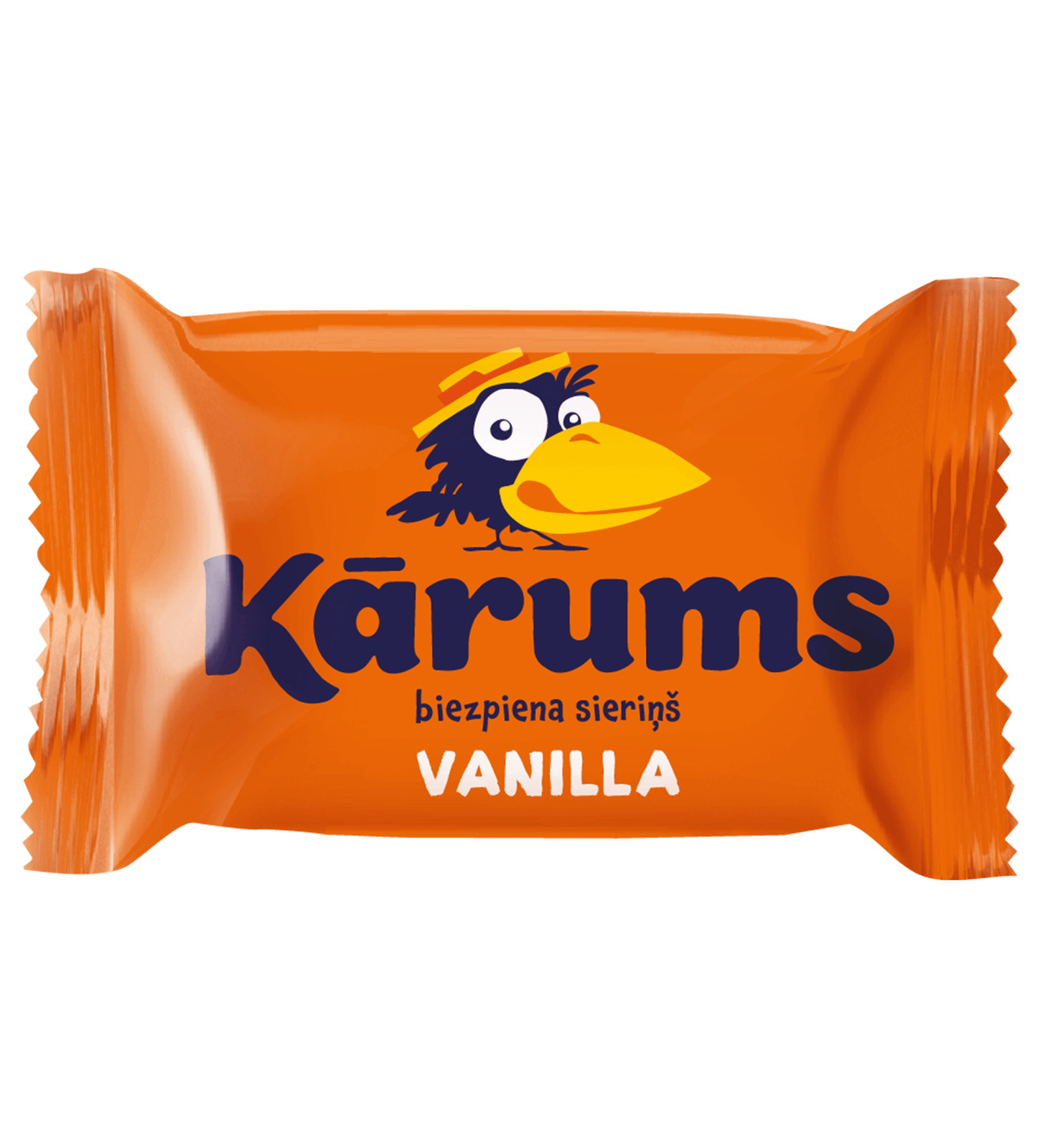 Kārums Biezpiena sieriņš vanille, la variante lettone non enrobée de chocolat dans son emballage orange avec le corbeau dessiné de Kārums