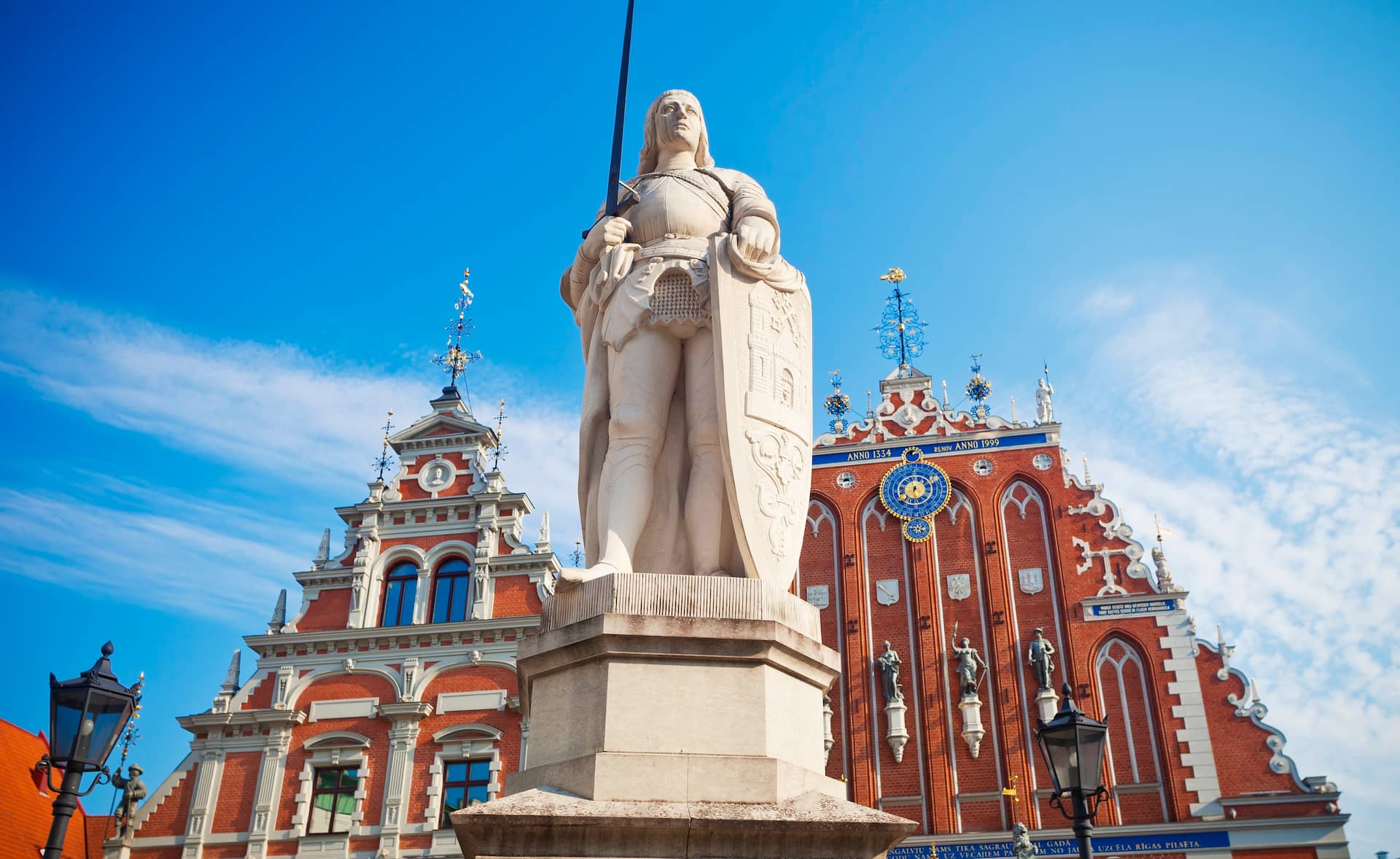 Roland statue in front of the restored Hanseatic House of Blackheads, Riga Old Town, Latvia